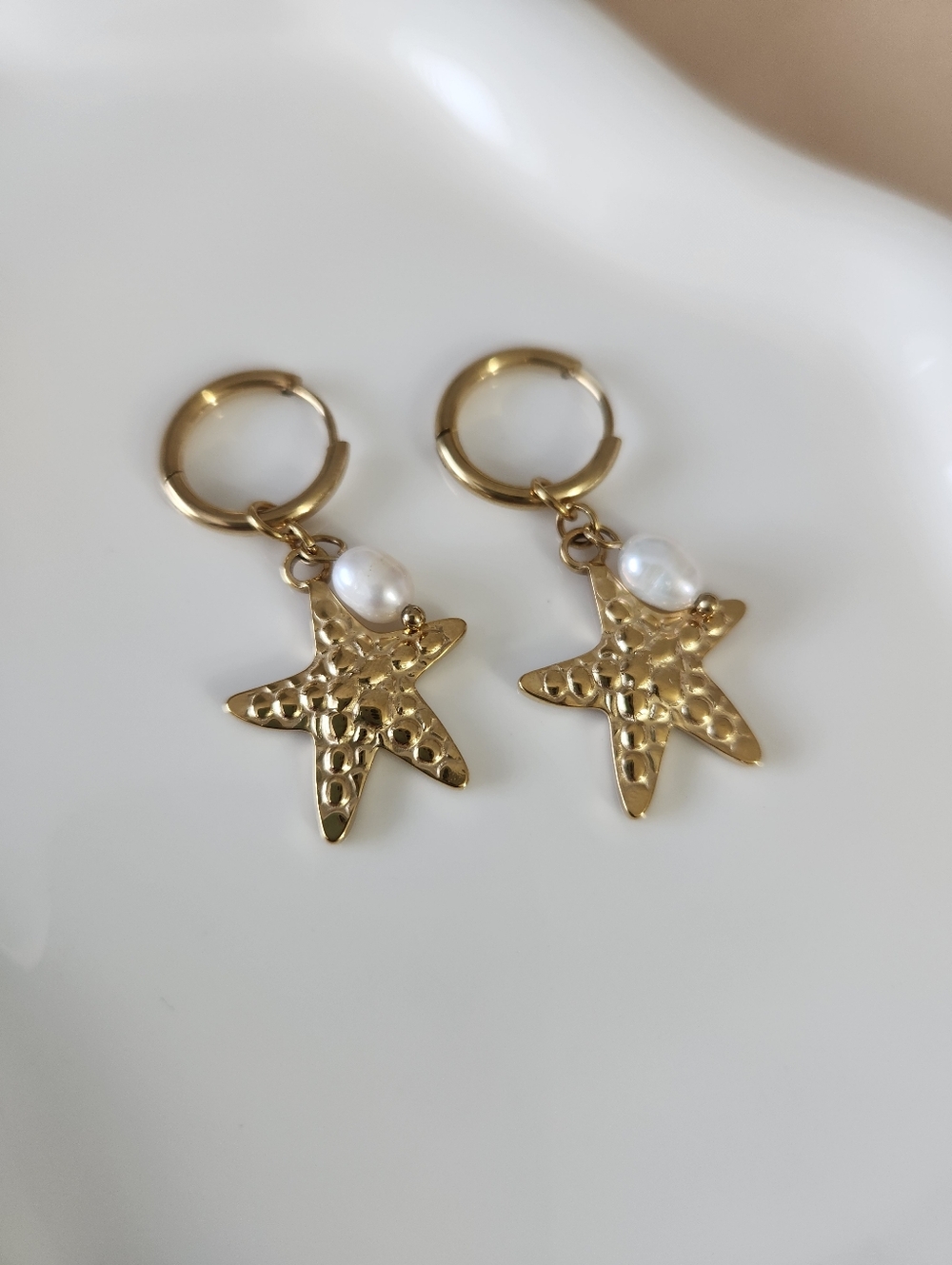 Gold Starfish And Pearl Hoop Earrings